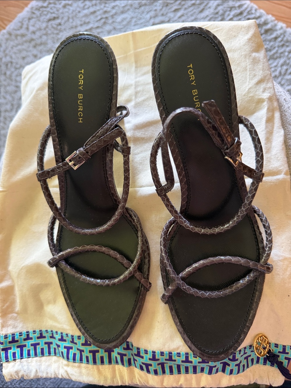 Tory Burch Dark Brown Braided Strap Heeled Sandals